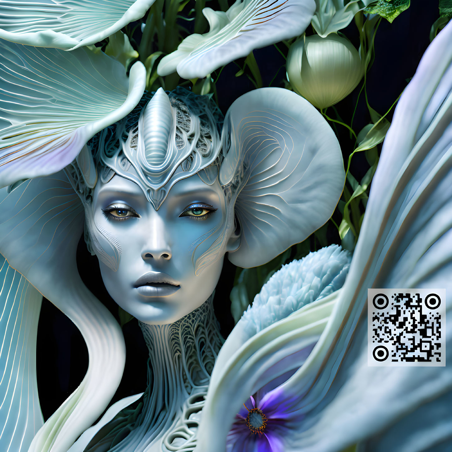 Blue-skinned creature with horn-like features in a fantasy setting with exotic flora.