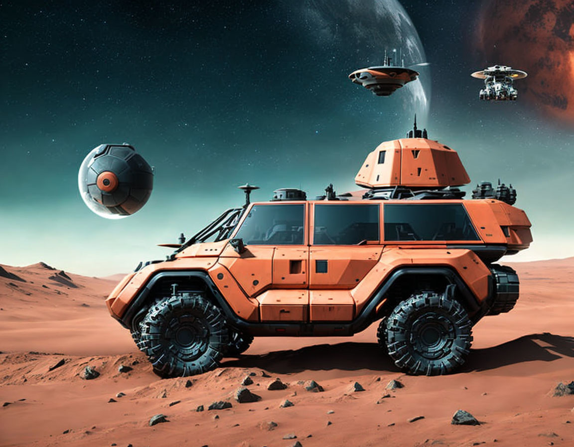 Futuristic orange rover on Mars-like terrain with space colony and ships