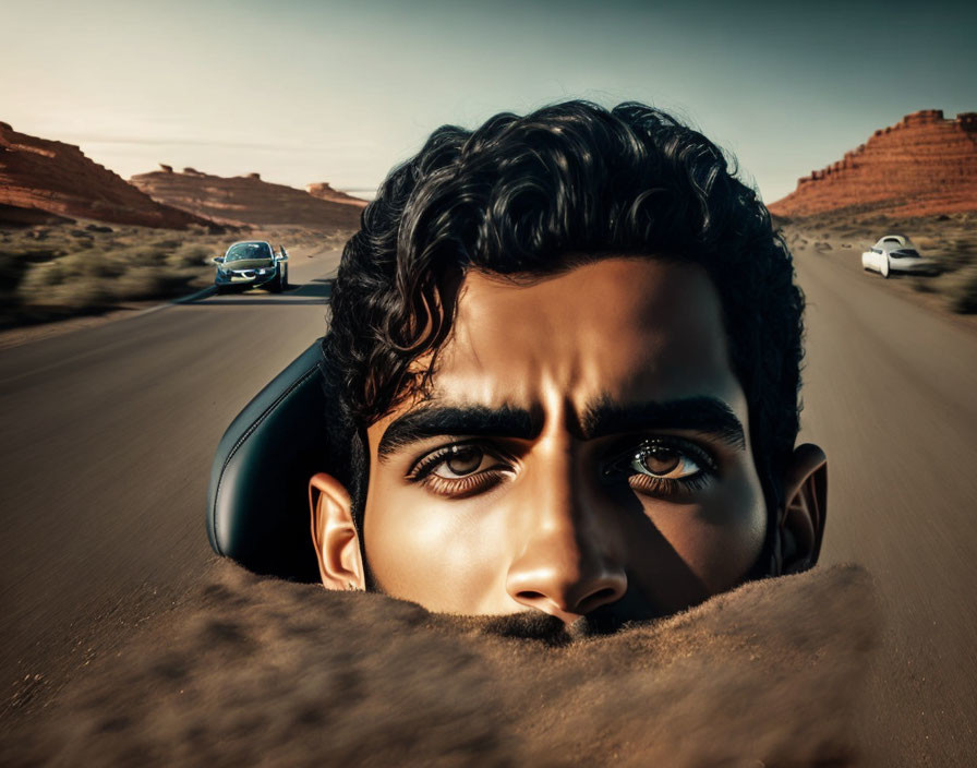 Man's Face Peering Over Convertible Top on Desert Road