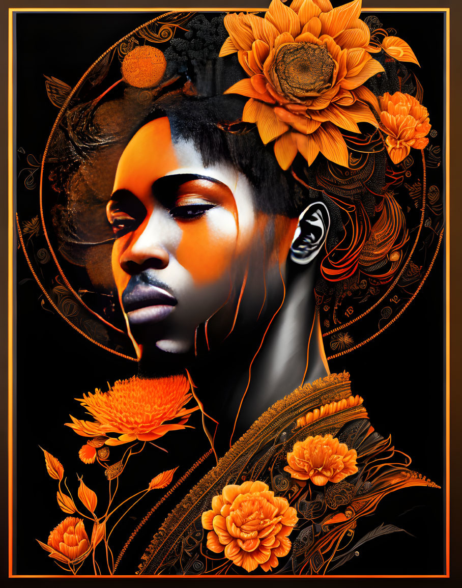 Digital illustration: Woman with orange floral and geometric designs on black background