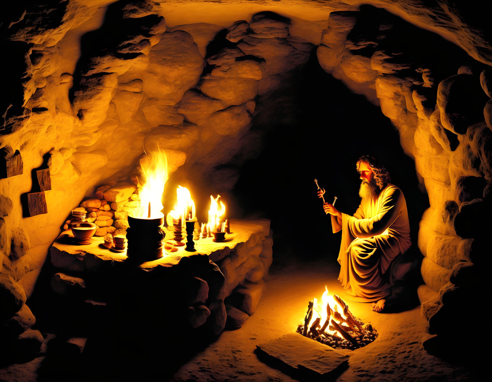 Ancient figure with candle in stone cave by fire and pottery