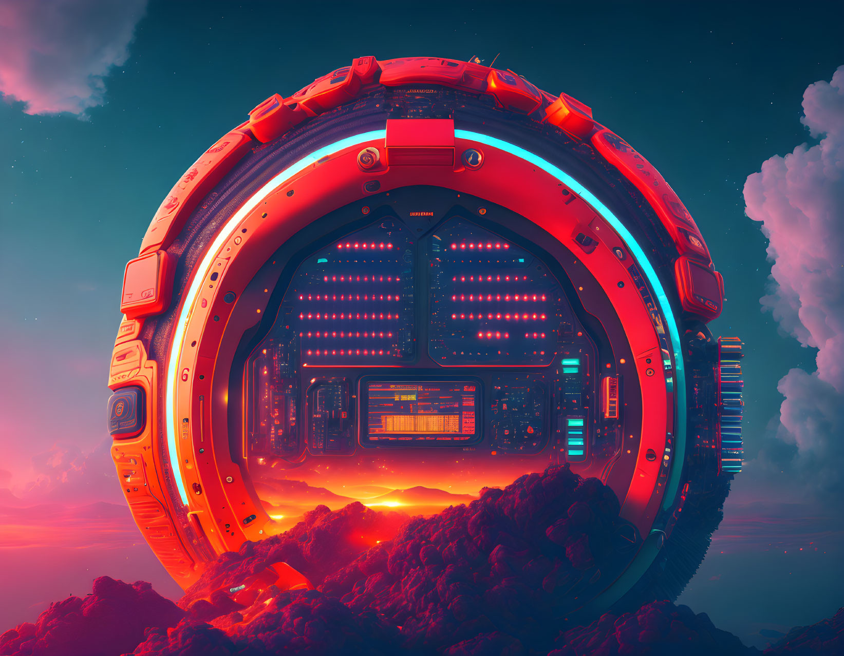 Futuristic circular portal with red and blue lights in cloudy sky