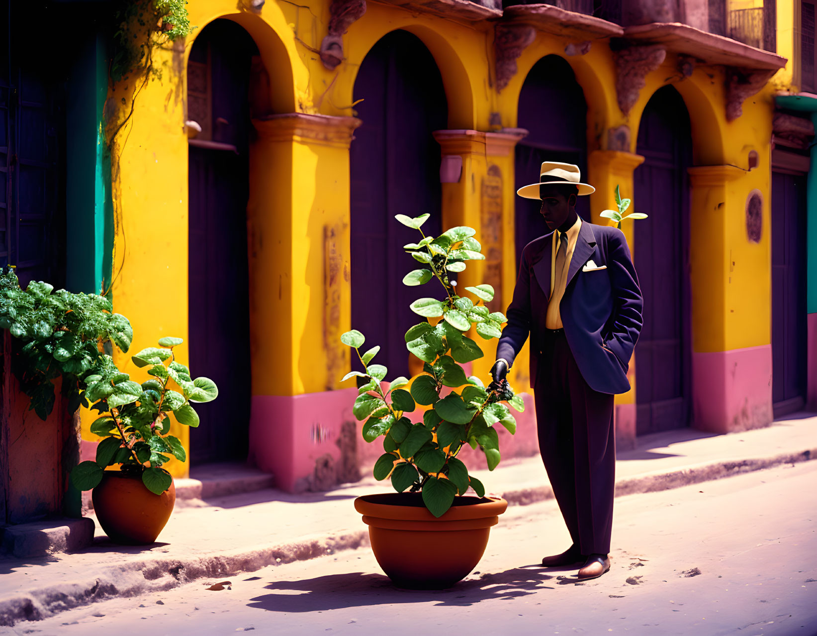 Man in suit and hat by potted plant on colorful street with yellow walls