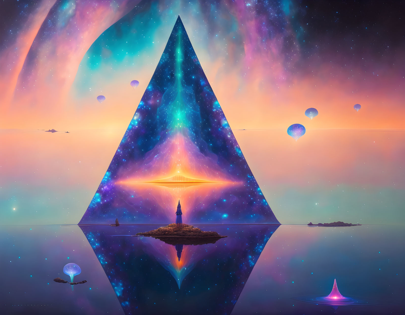 Colorful Cosmic Scene: Triangular Portal, Distant Star, Floating Spheres, Silhouet