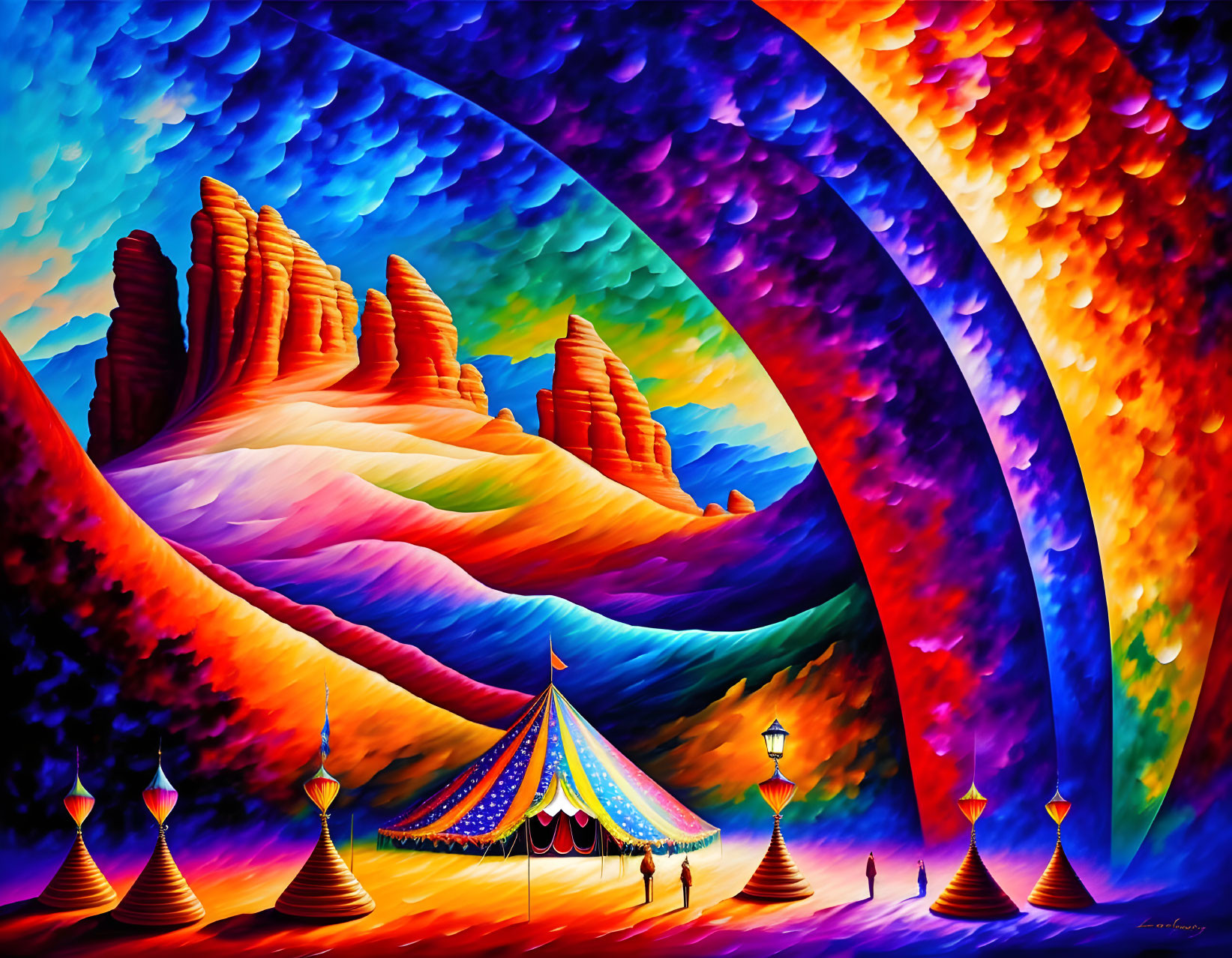 Colorful Landscape with Circus Tent and Whimsical Patterns