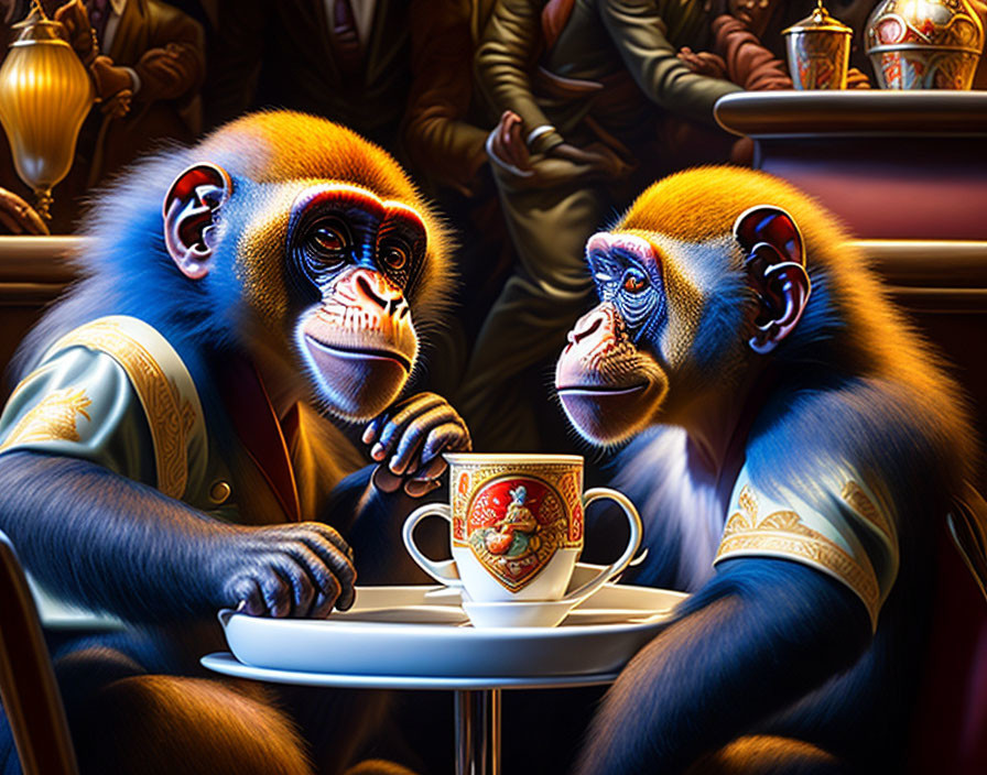 Illustrated mandrills in cafe with teacup, shadowy figures.