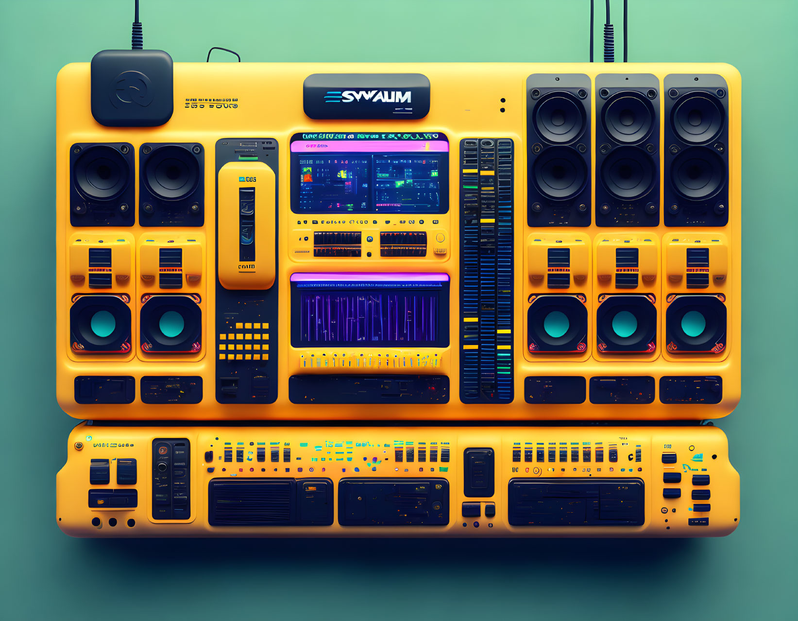 Vibrant retro-futuristic boombox illustration on teal background