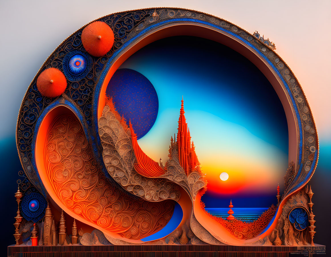 Colorful digital artwork: Circular portal with paisley patterns framing fantasy temple at sunset