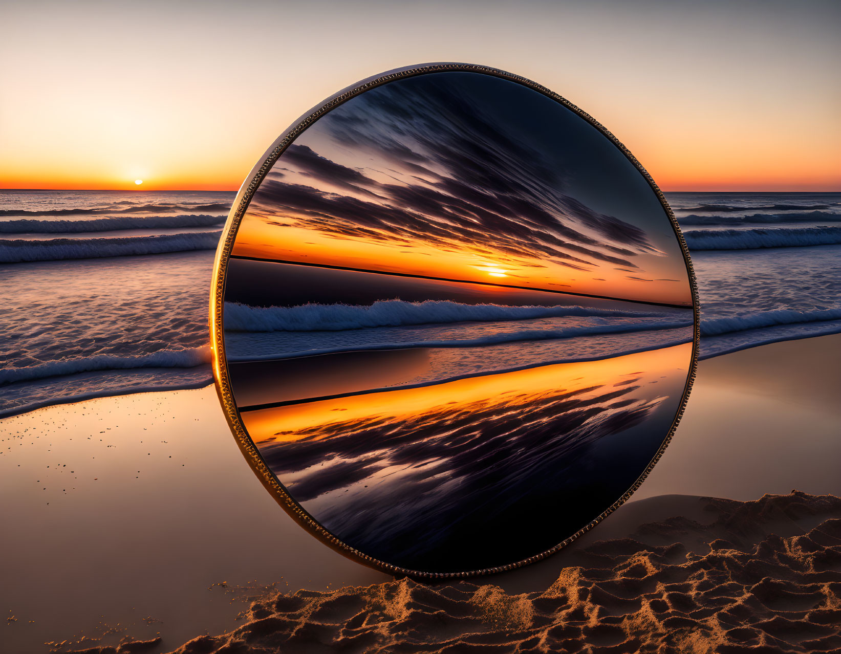 Round Mirror Reflects Vivid Sunset on Beach