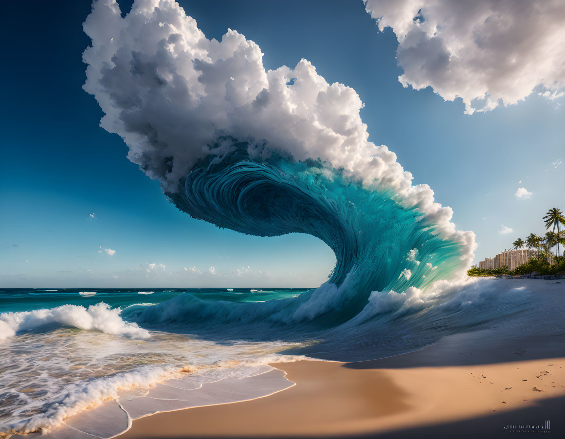 Digital artwork: Massive wave spiraling on sunny beach with palm trees.