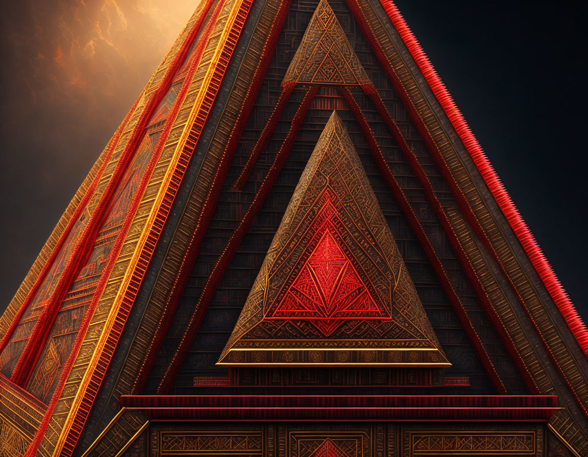 Abstract triangular architectural structure with orange and red patterns against dark sky