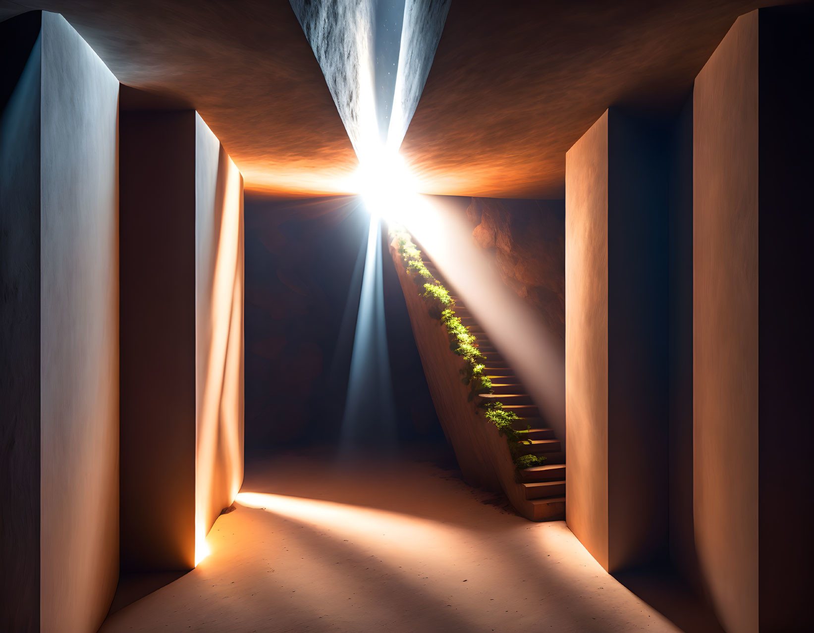 Sunlight illuminates narrow gorge stairway with green foliage.