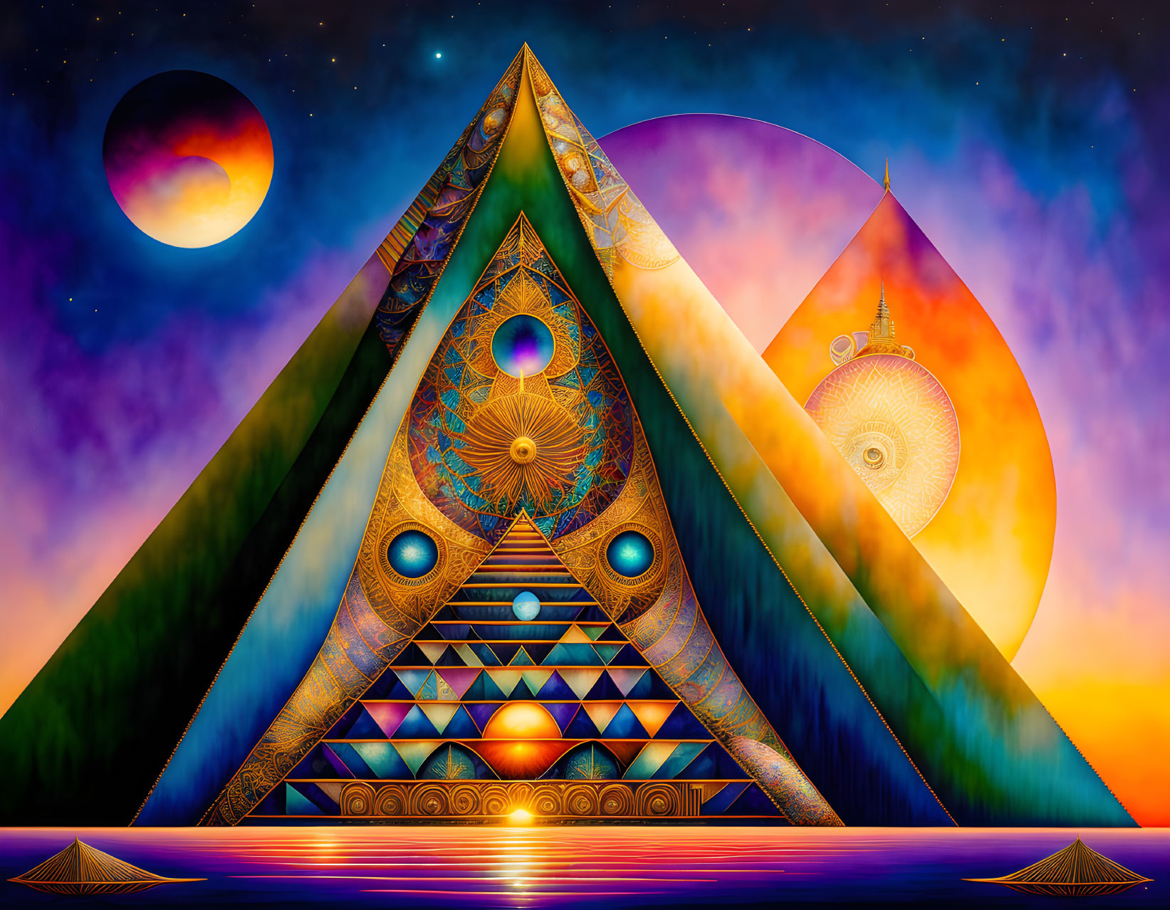 Colorful Surrealist Painting with Pyramid, Eye, Stairs, Orb, Planets