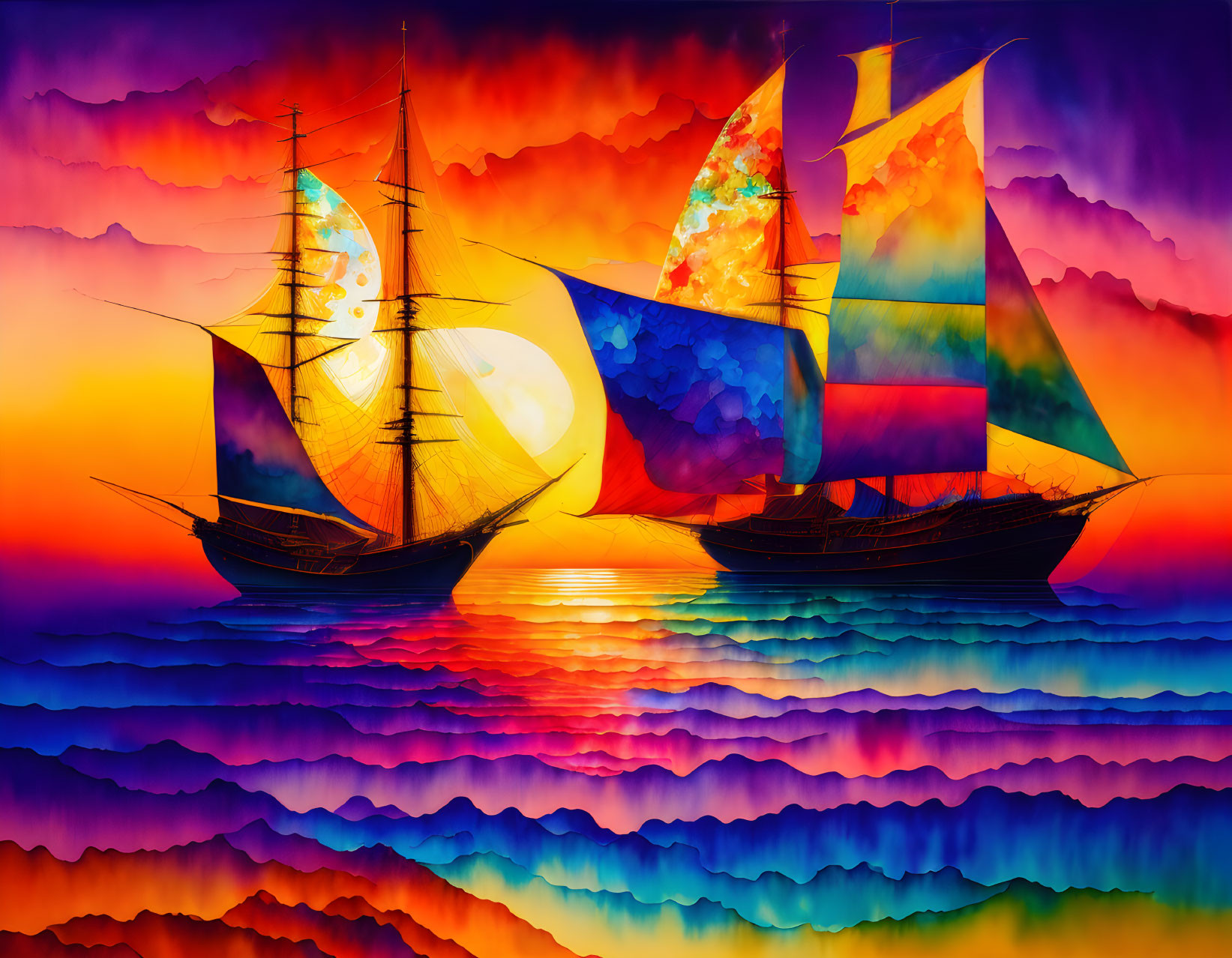 Colorful digital art: two sailing ships on wavy sea under vivid sunset sky