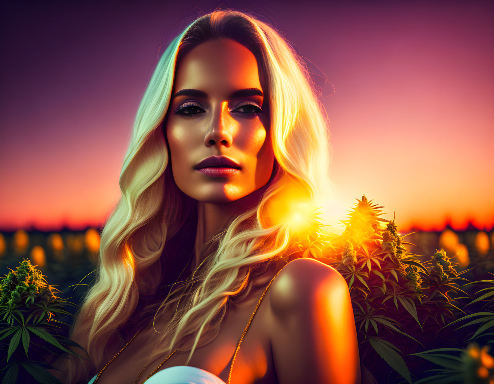 Blonde Woman Portrait Against Vibrant Sunset Background