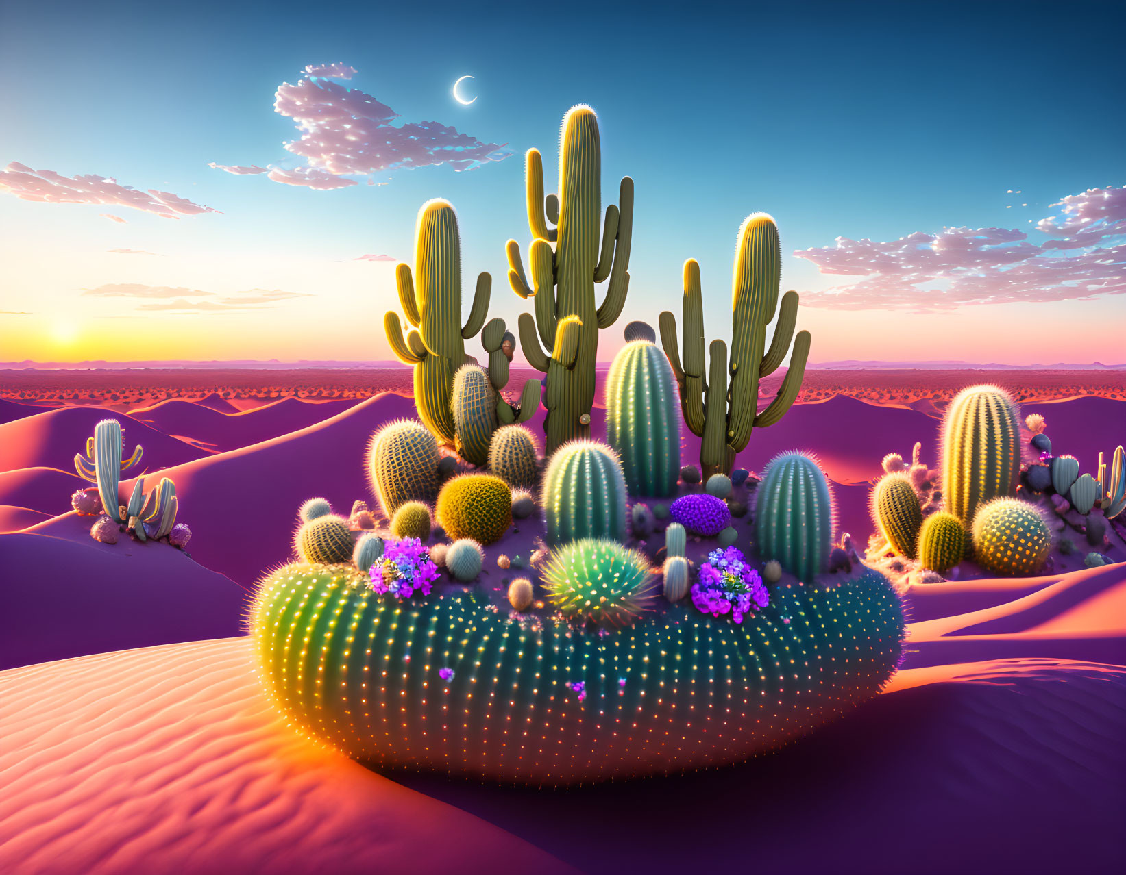 Colorful desert dusk with cacti, sand dunes, purple sky, clouds, crescent