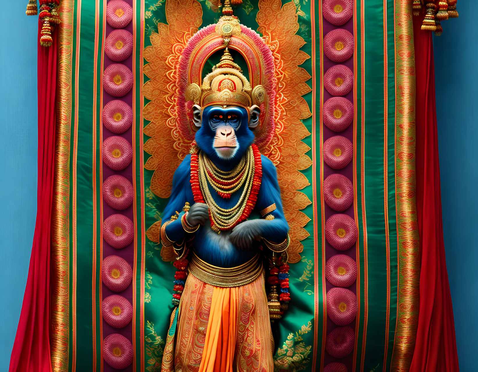 Vibrant Hindu deity statue with blue skin and ornate attire