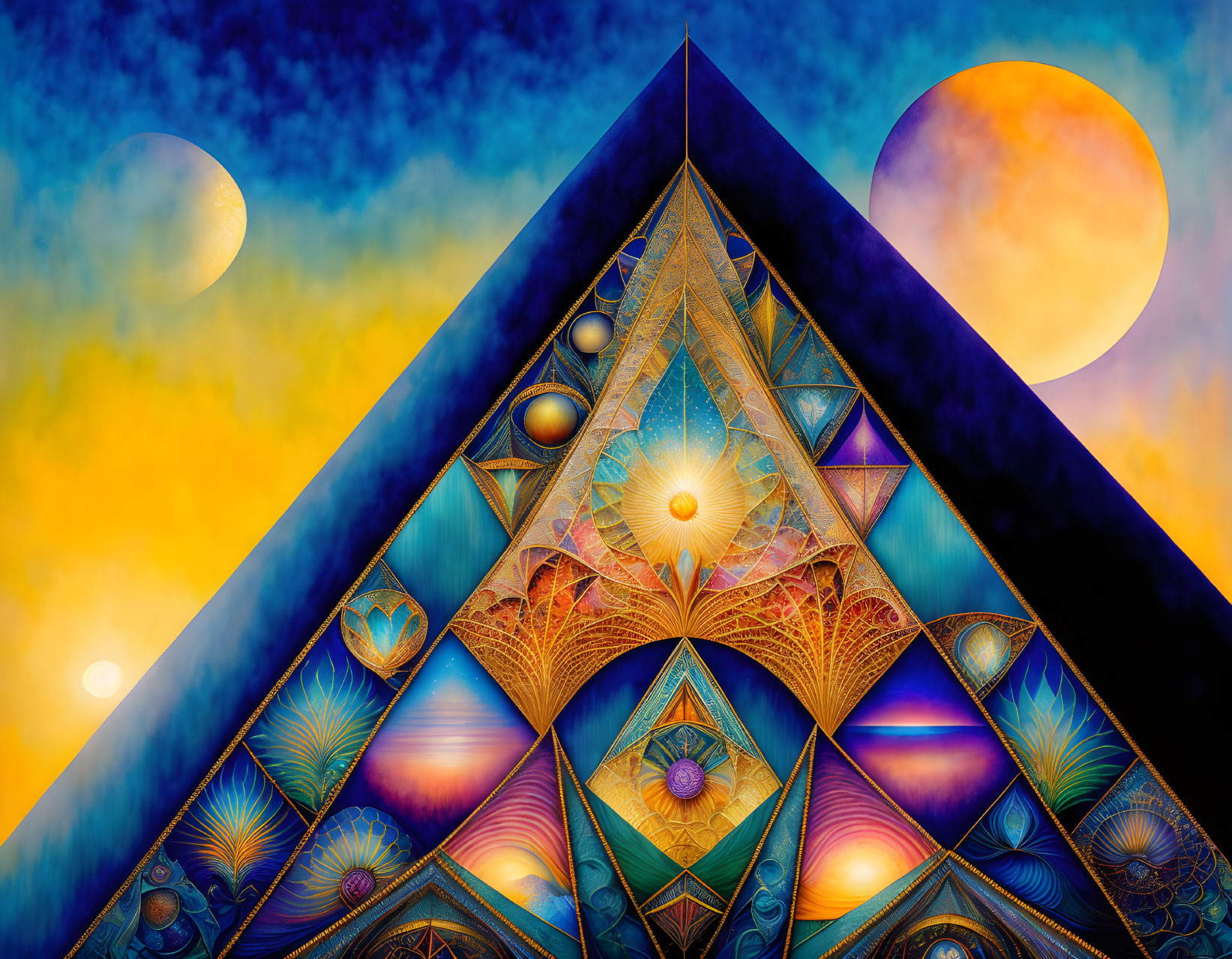 Colorful fractal pyramid in cosmic scene with two moons