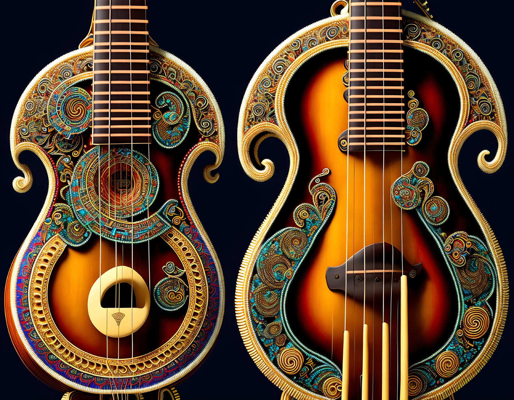 Colorful and Intricate Decorated Guitars on Dark Background