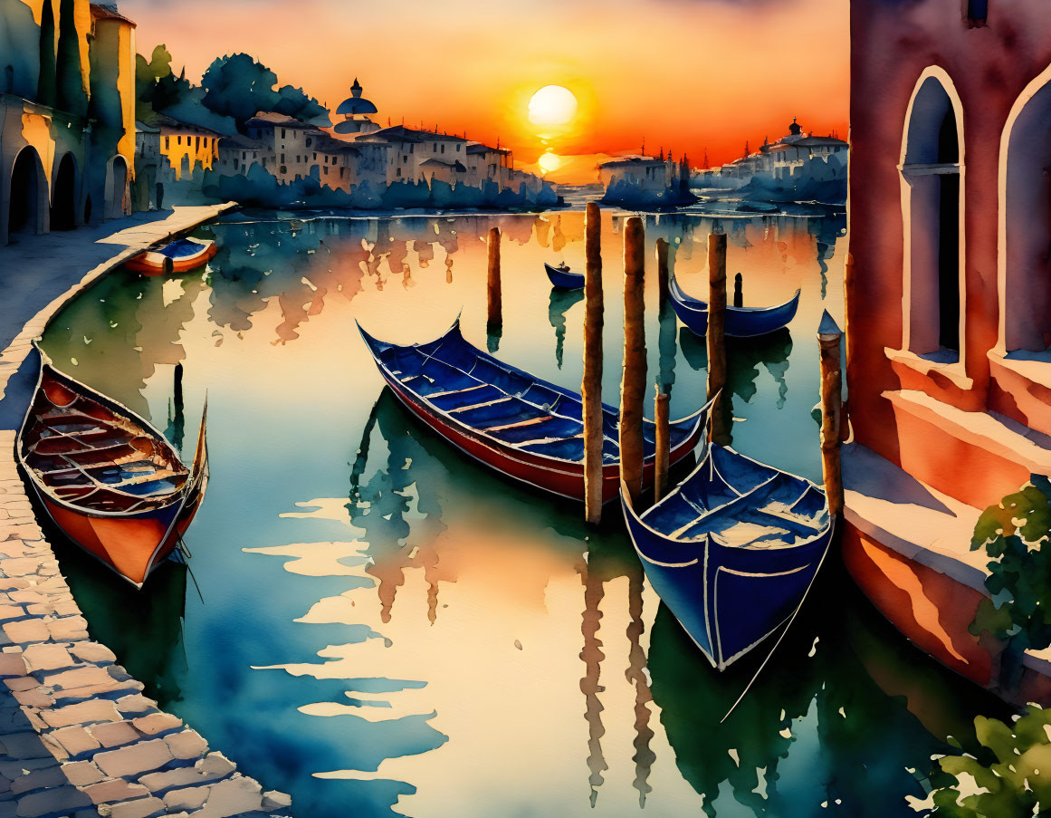 Venice sunset watercolor painting with gondolas and historic buildings