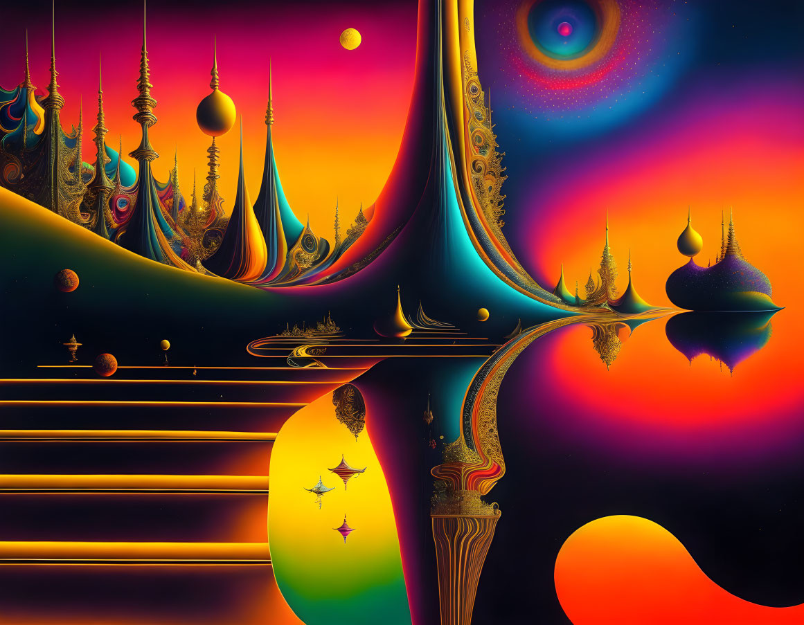 Colorful Psychedelic Digital Artwork with Abstract Shapes & Celestial Objects