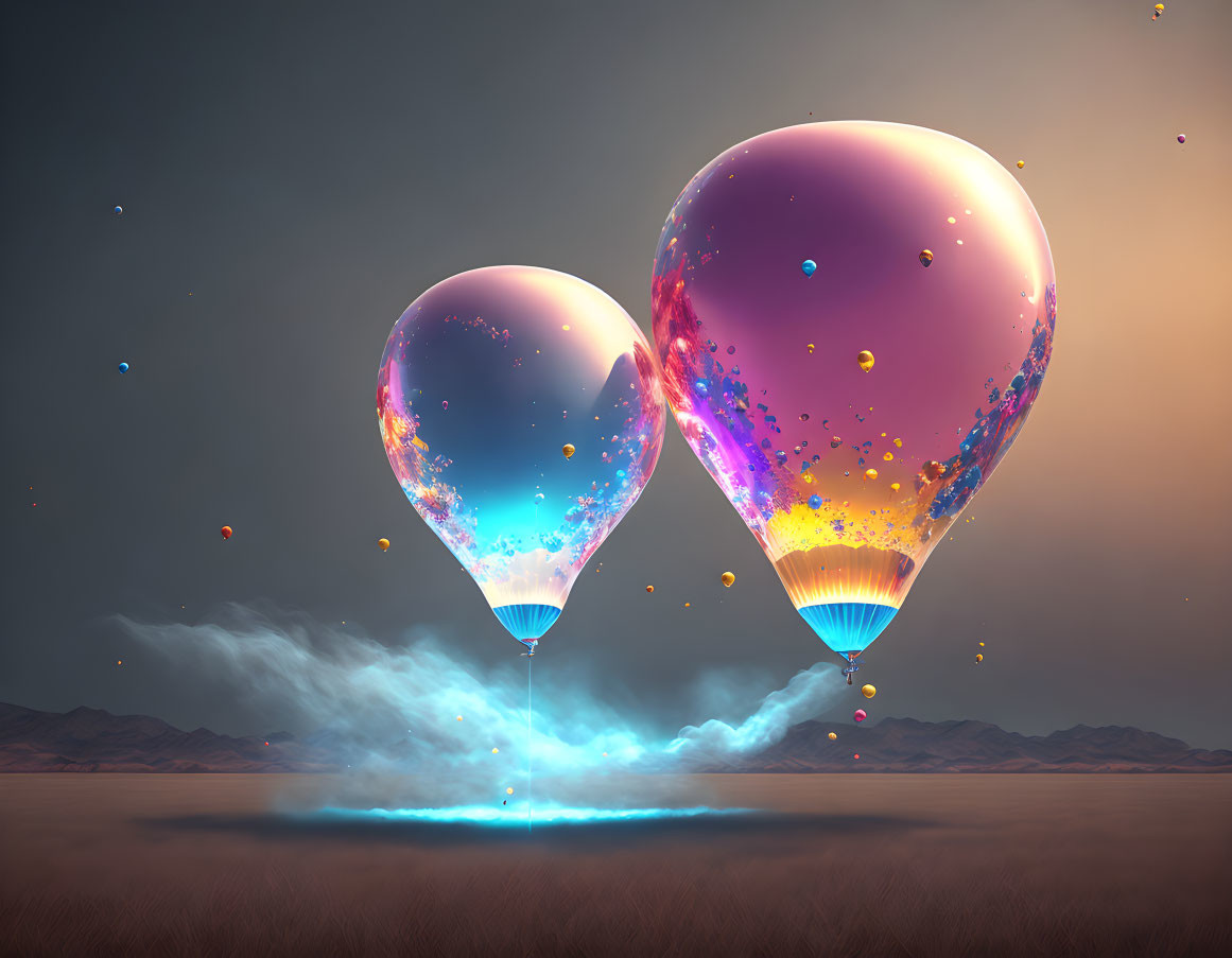 Colorful cosmic paint-splatter hot air balloons over misty desert landscape