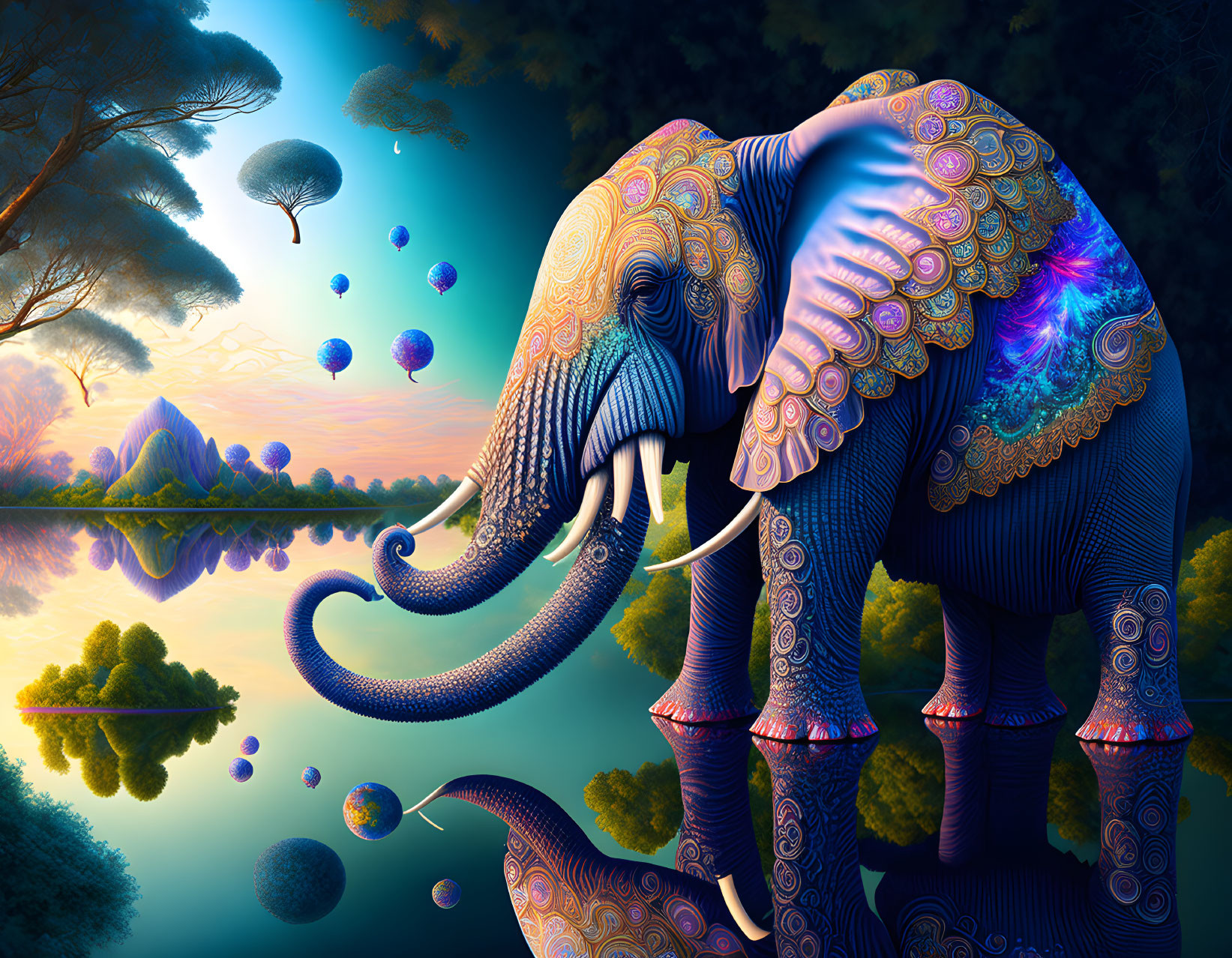 Colorful Patterned Elephant in Fantasy Landscape with Floating Islands