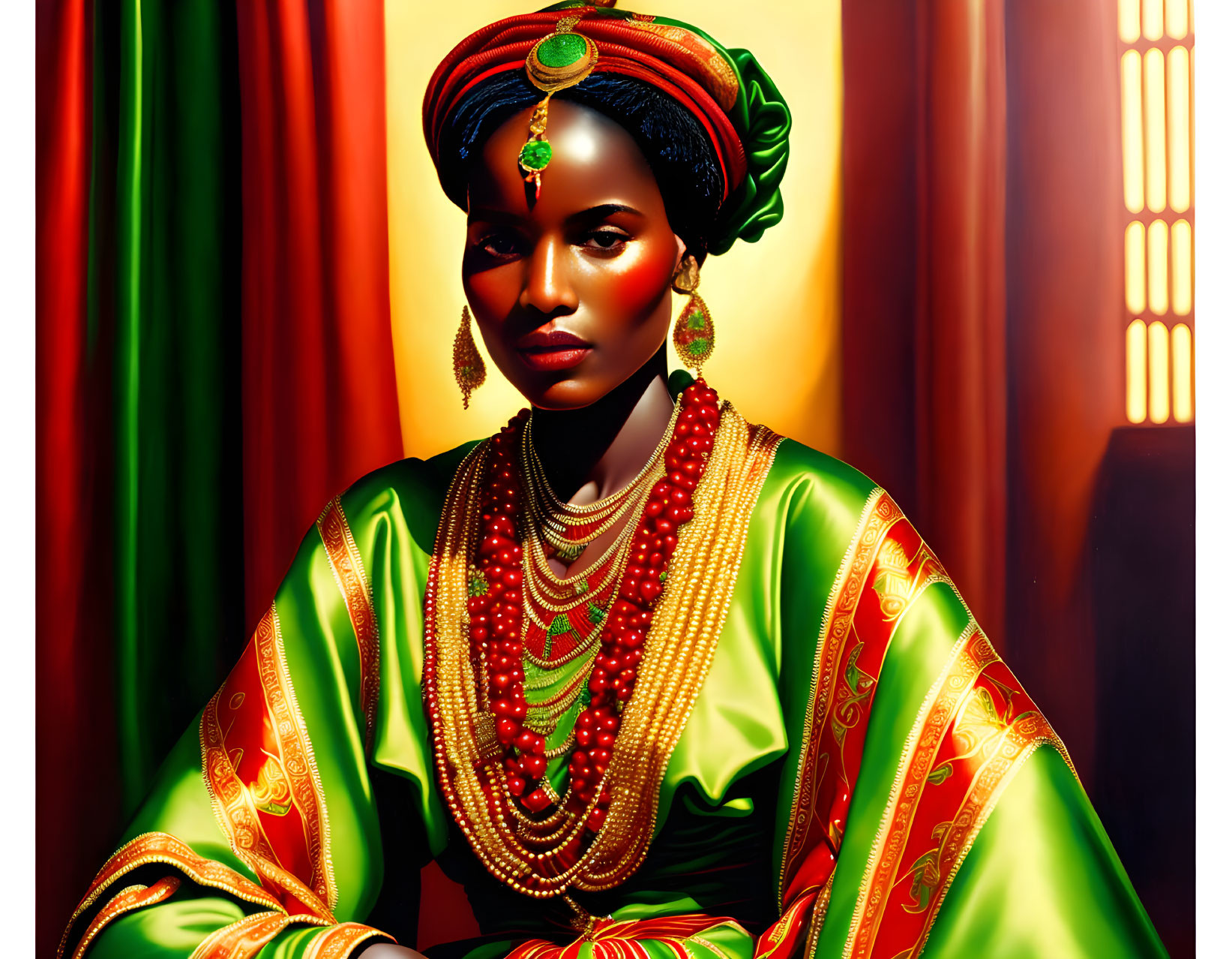 Regal woman in green and red traditional attire with headwrap and jewelry against warm backdrop.