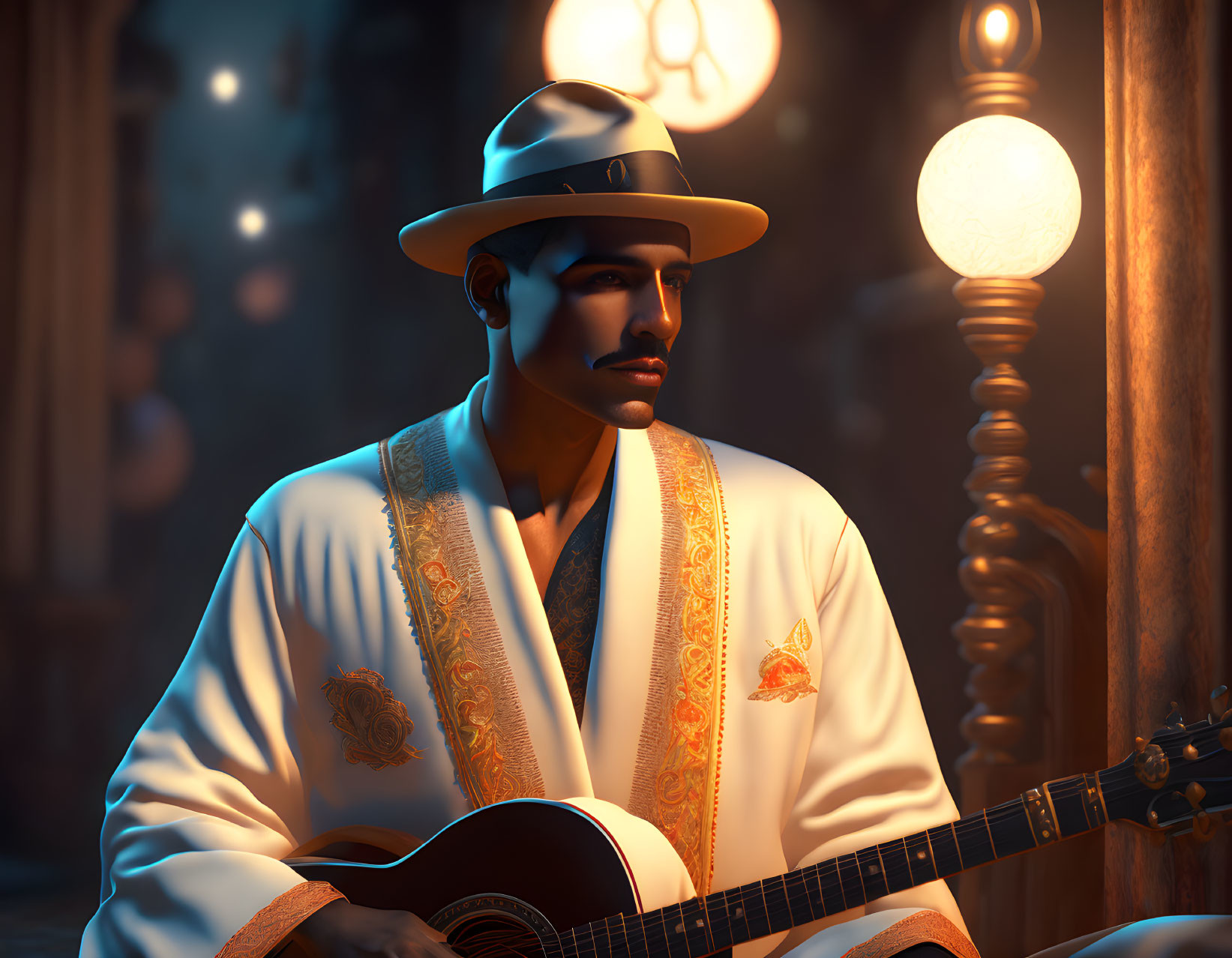 Musician in fedora with guitar on vintage street at dusk