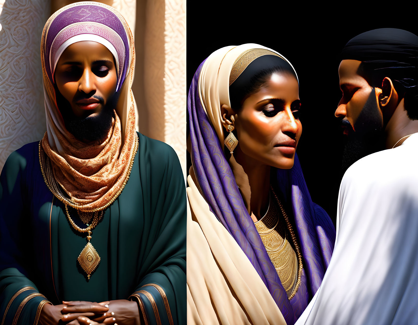 Split image of woman in hijab & man, facing intimately, rich colors & jewelry.