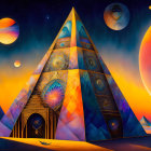 Colorful geometric pyramid painting in cosmic setting