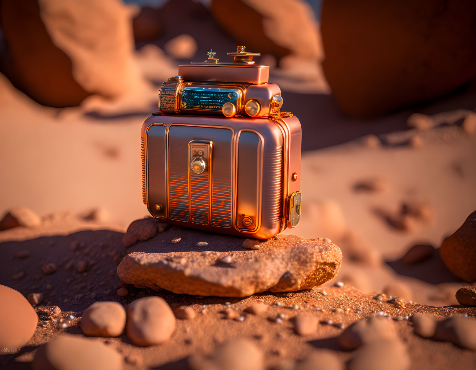 Vintage-style radio in desert landscape at sunset