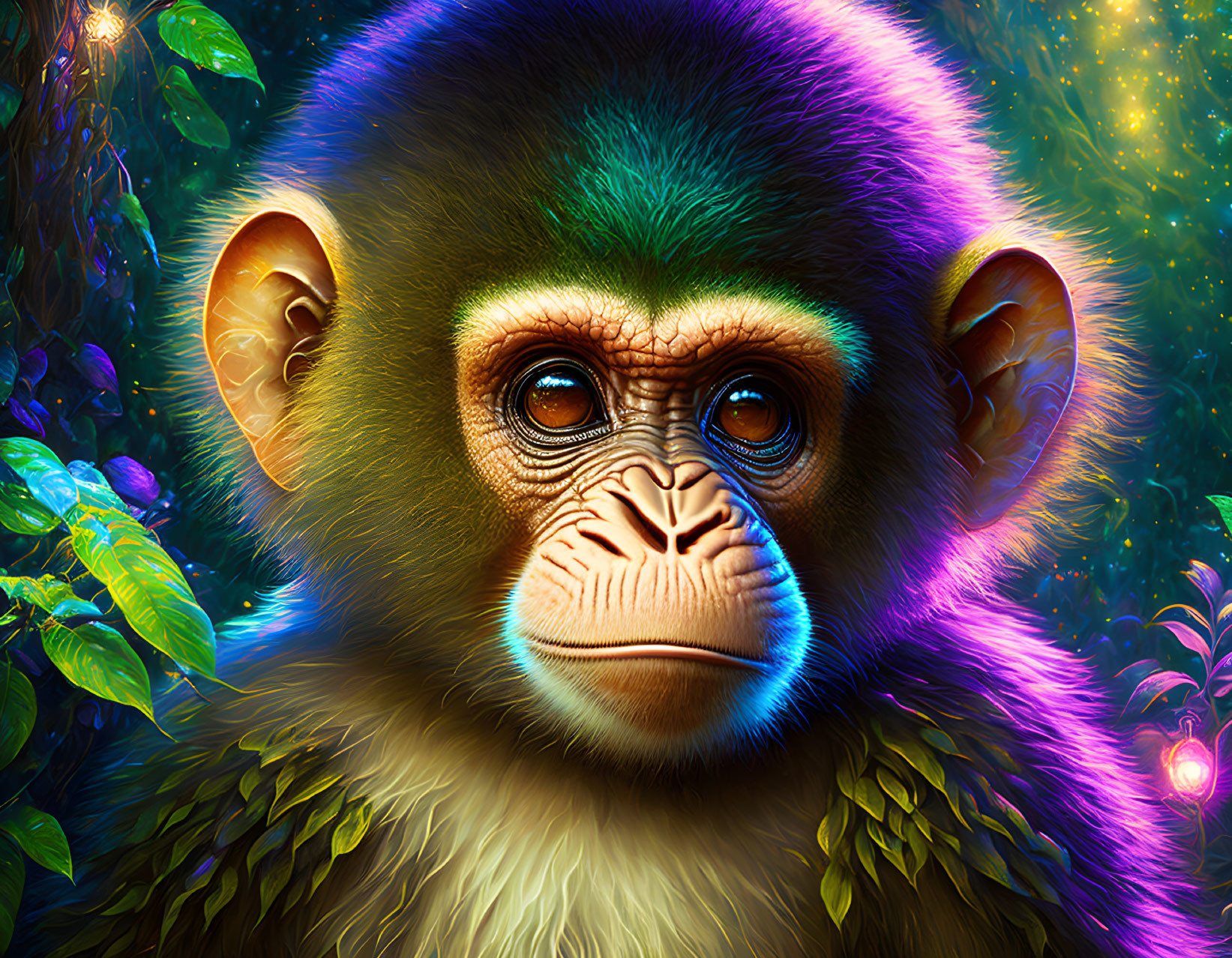 Colorful young monkey in contemplative pose against enchanted forest.