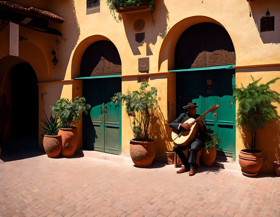 Musician playing guitar by teal doors in sunny courtyard surrounded by terracotta pots.