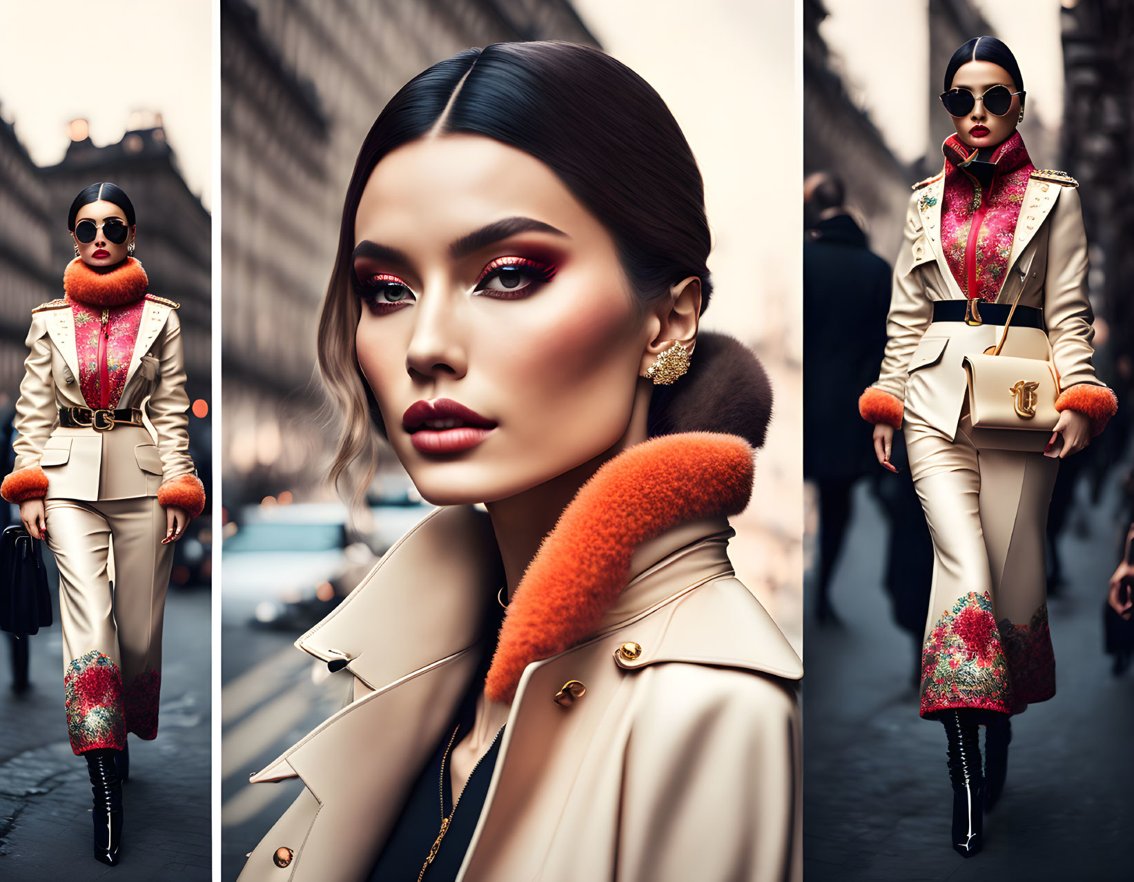 Fashionable woman in trench coat and sunglasses walking confidently on city street