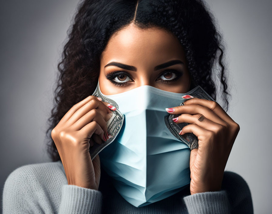 Woman with Striking Eyes Wearing Banknote Mask Symbolizing Healthcare Impact