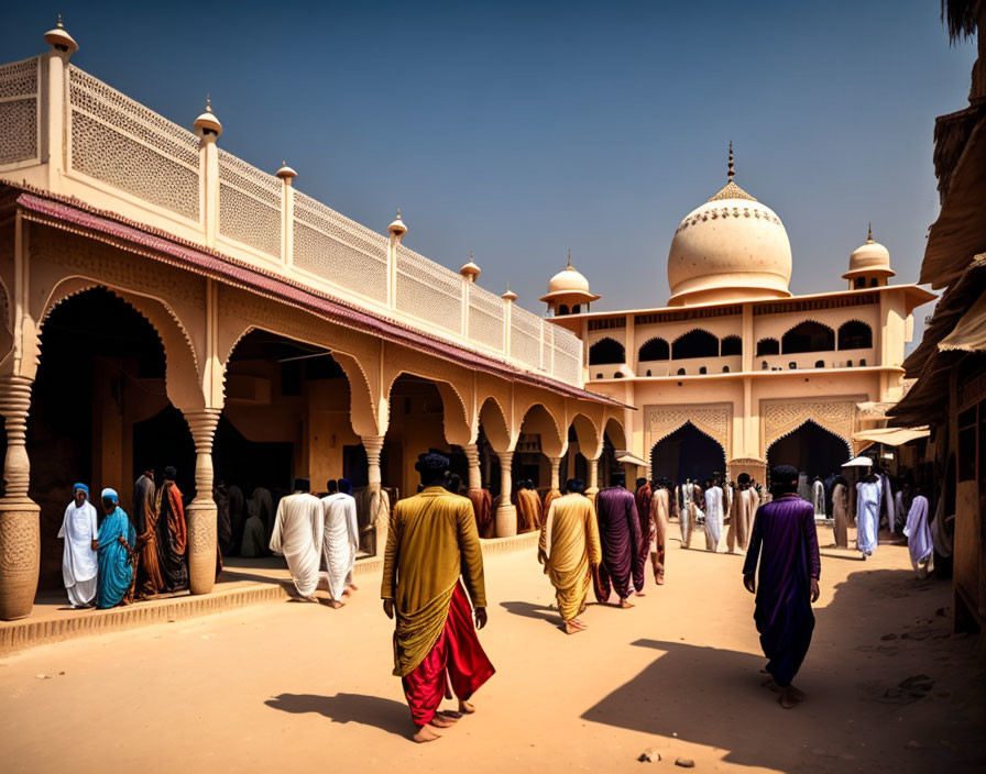 Traditional attire group walking towards ornate mosque under clear blue sky