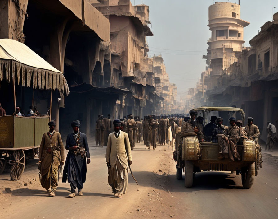 Vintage street scene with pedestrians, old car, and weathered buildings