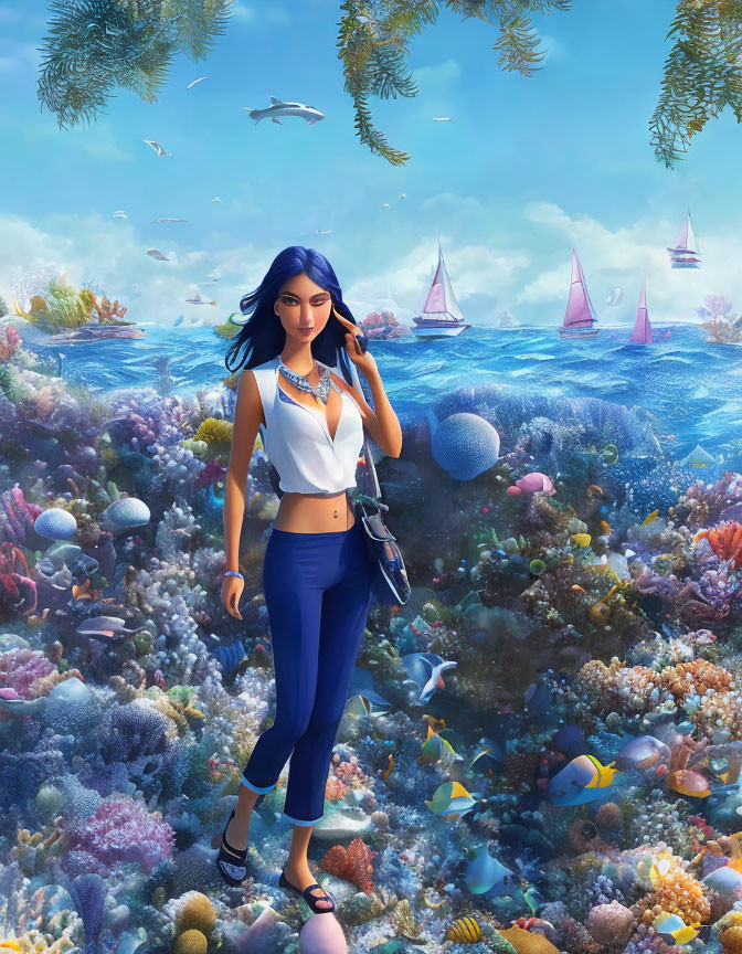 Digital Artwork: Woman walking on vibrant underwater coral reef with ocean surface and sailing boats