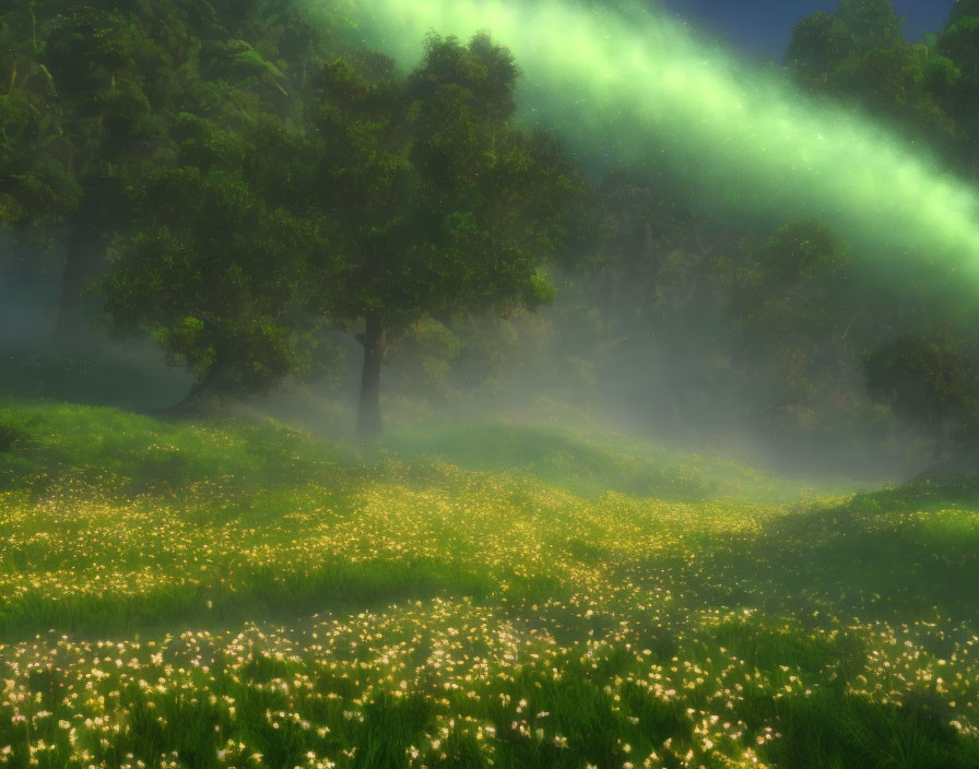 Sunlit Forest Glade with Flower Carpet in Foggy Setting