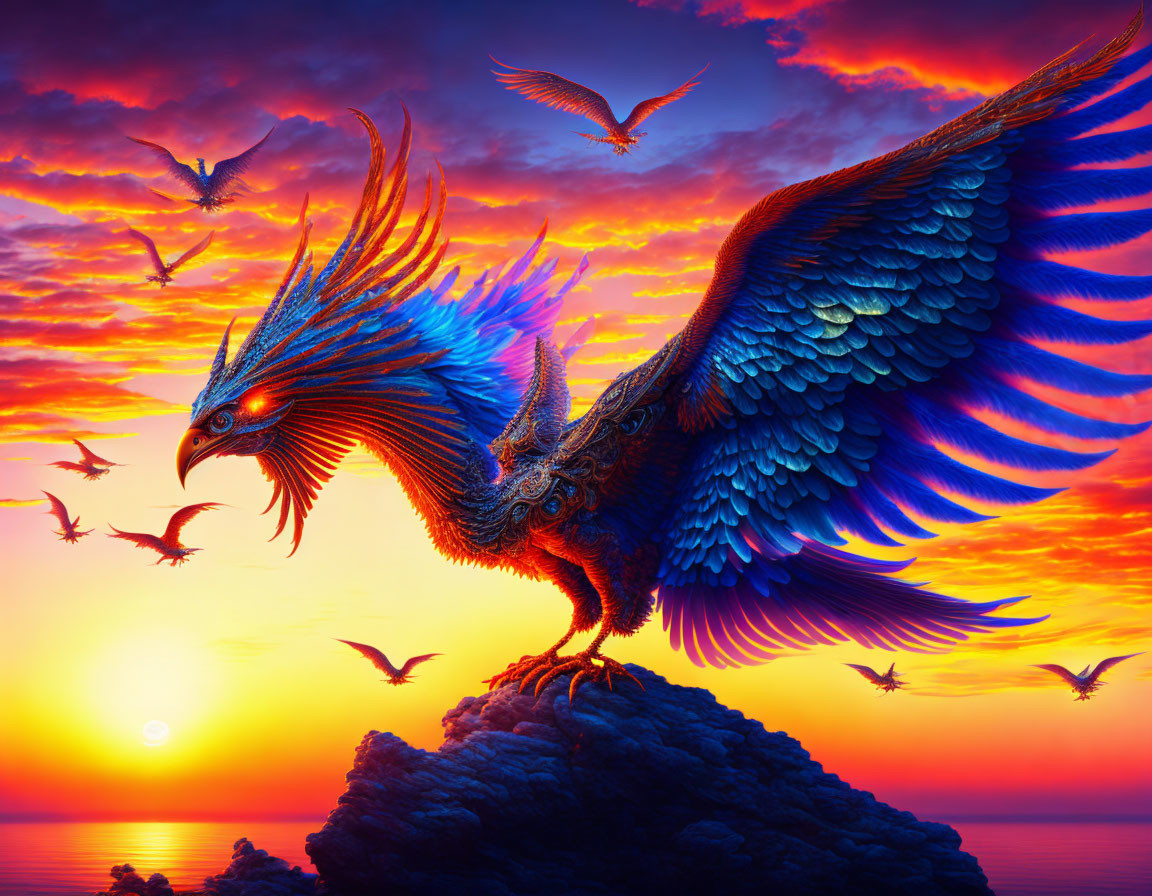 Colorful Phoenix Spreading Wings in Sunset Sky