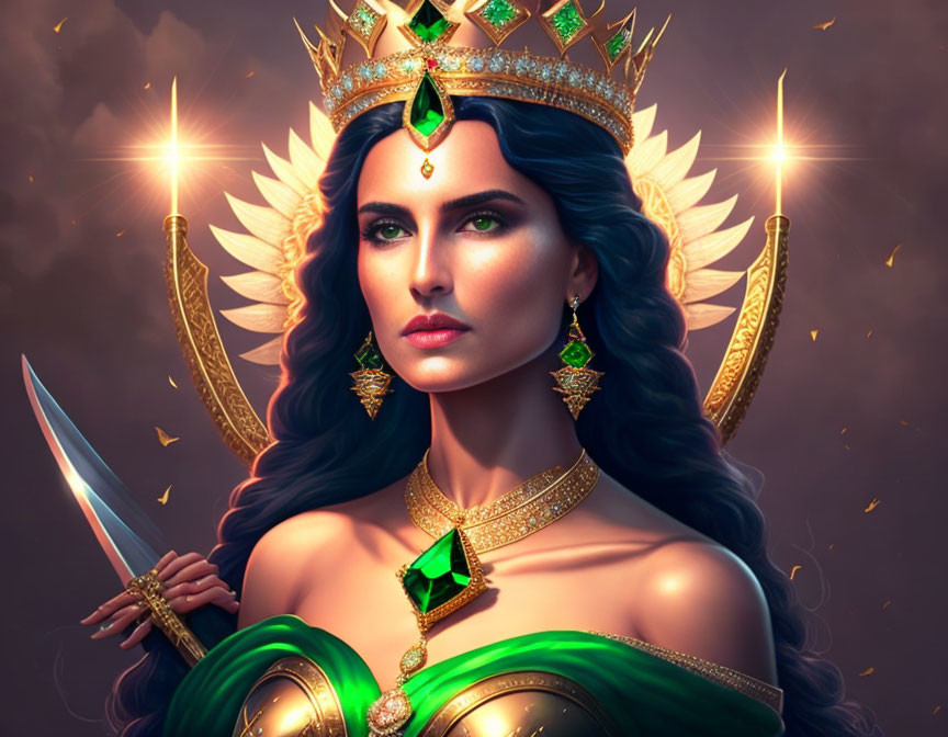 Dark-haired woman in crown and green robe wields sword with glowing gem on forehead, surrounded by light