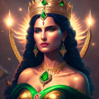 Dark-haired woman in crown and green robe wields sword with glowing gem on forehead, surrounded by light