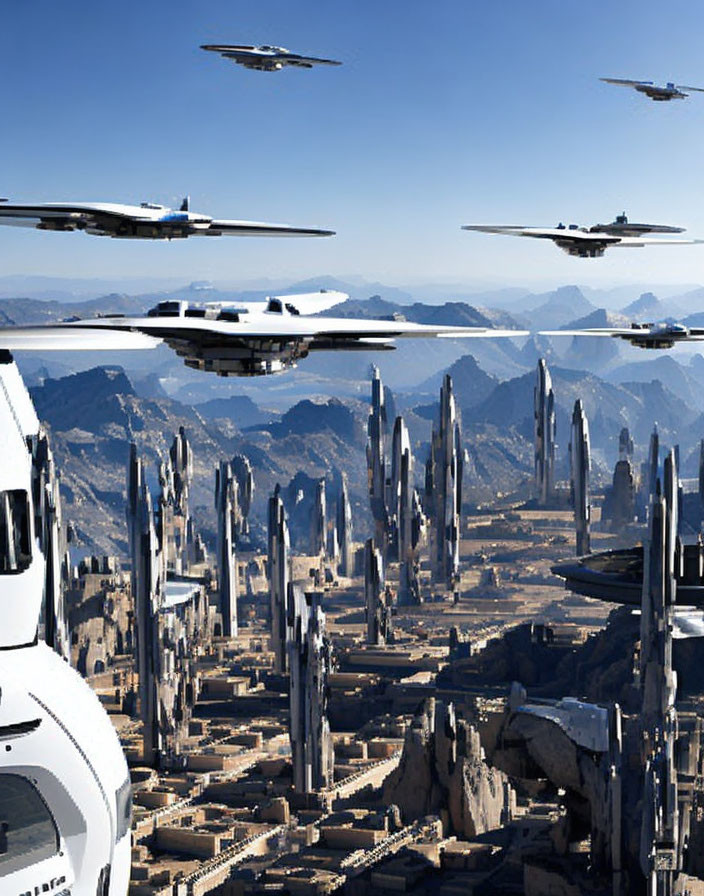 Futuristic cityscape with skyscrapers and flying vehicles in mountainous backdrop