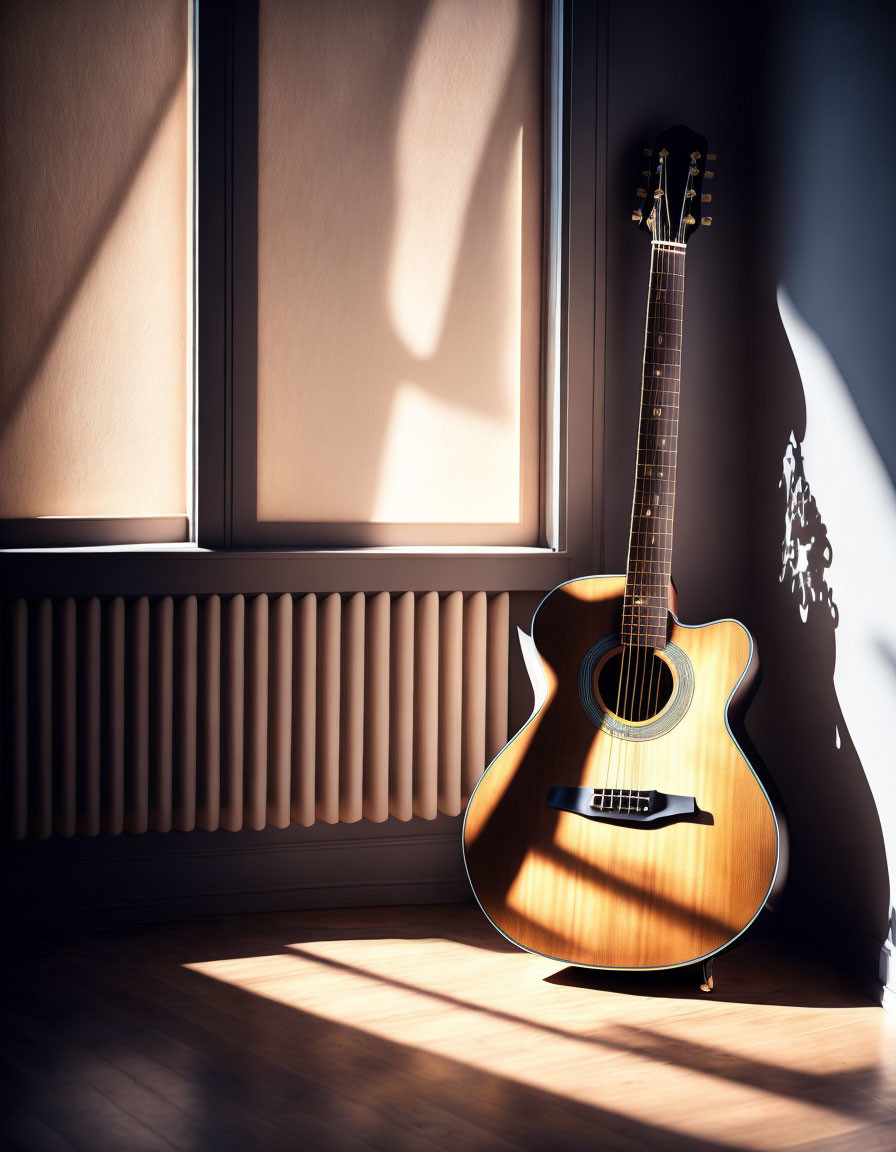 Acoustic Guitar by Sunlit Window and Shadowed Wall