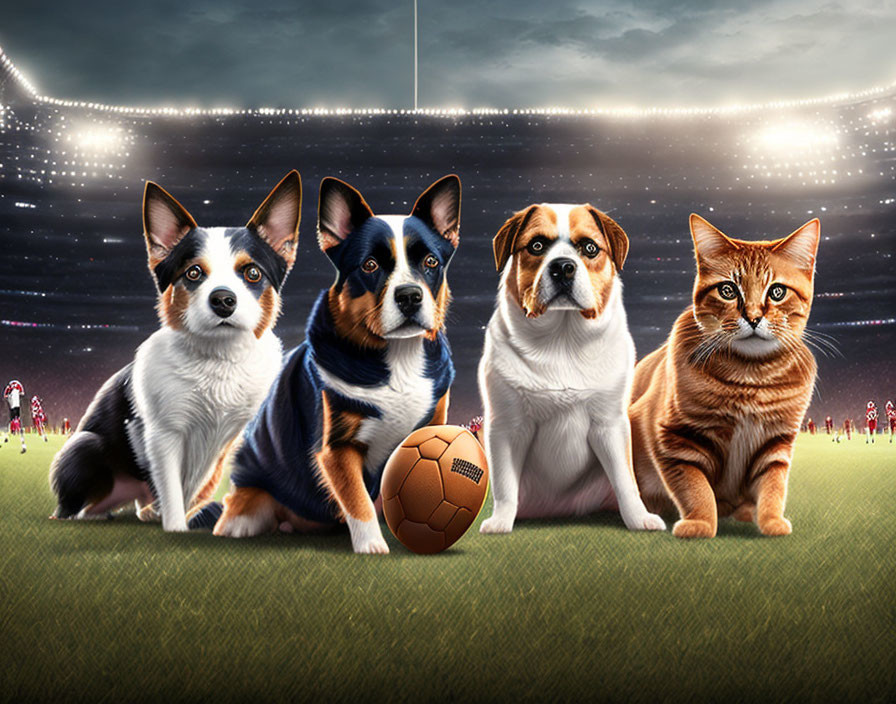 Corgis, Bulldog, and Cat Ready for Soccer Match Outside Stadium