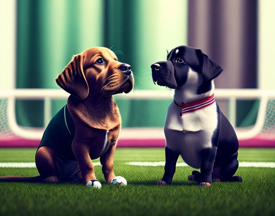 Two animated puppies in sports outfits on football field, one green, one red collar, looking aside