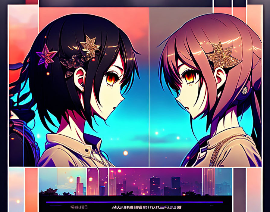 Anime-style female characters with intricate hair accessories in twilight cityscape