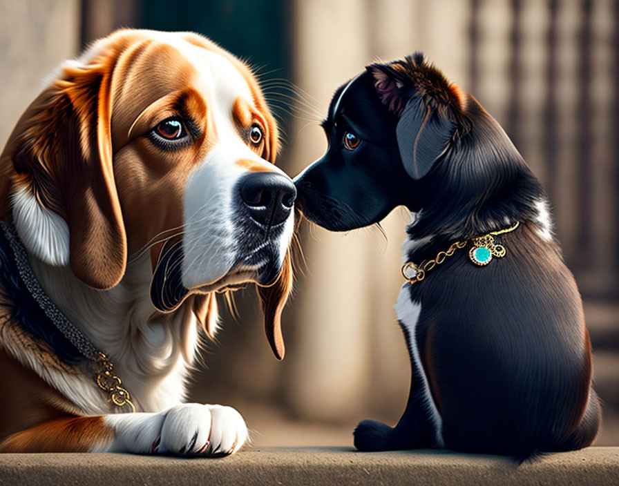 Beige and White Dog with Droopy Ears and Small Black Puppy with Golden Collar