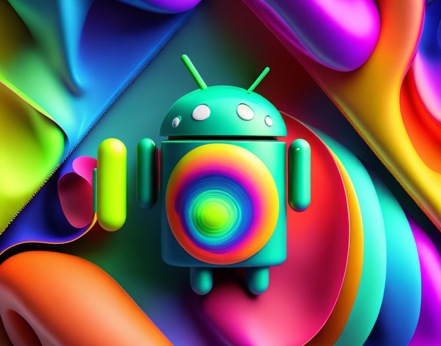 Colorful Android Robot Mascot with Swirly Pattern on Belly on Vibrant Abstract Background